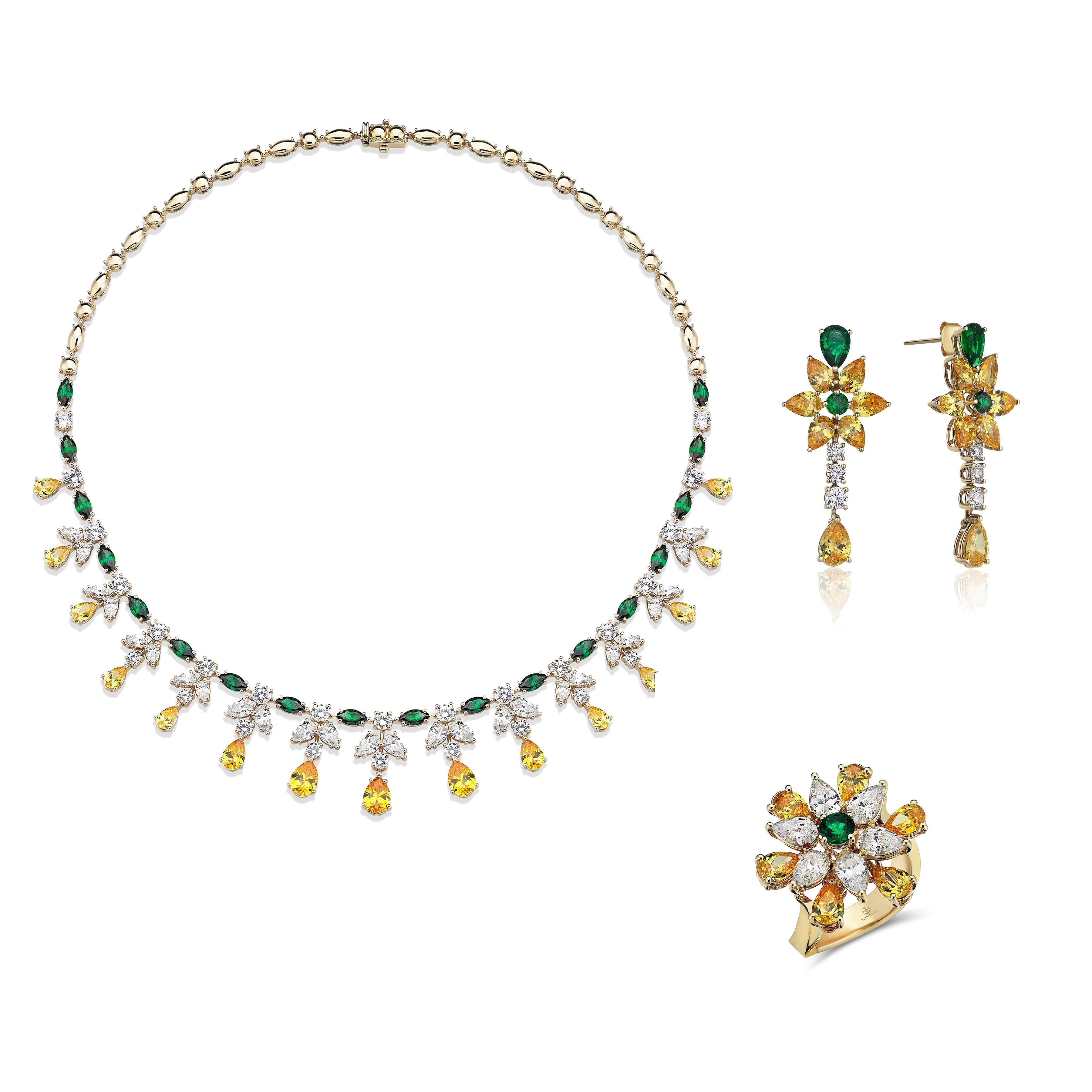 38 Carat Yellow Sapphire & Emerald Diamond Hybrid Gold Necklace Set