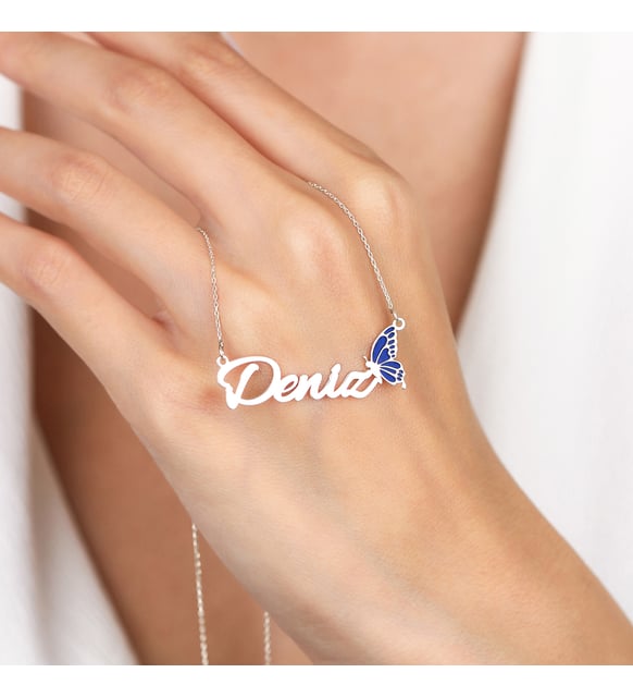 Enameled Blue Butterfly Design Personalized Name 925 Sterling Silver Necklace