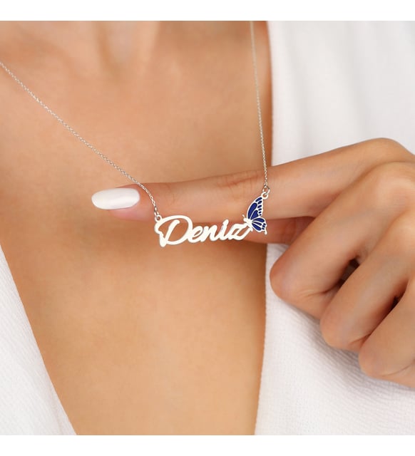 Enameled Blue Butterfly Design Personalized Name 925 Sterling Silver Necklace