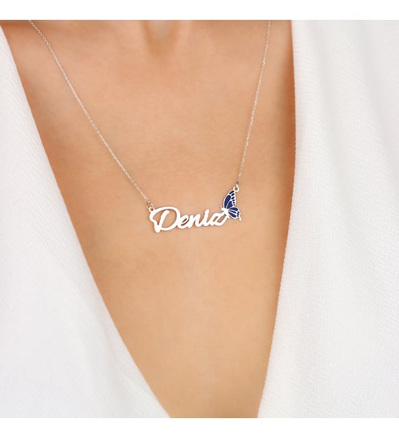Enameled Blue Butterfly Design Personalized Name 925 Sterling Silver Necklace