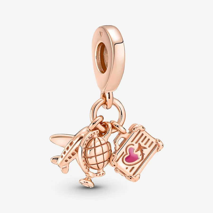 Airplane, Globe and Suitcase Dangle Rose Charm