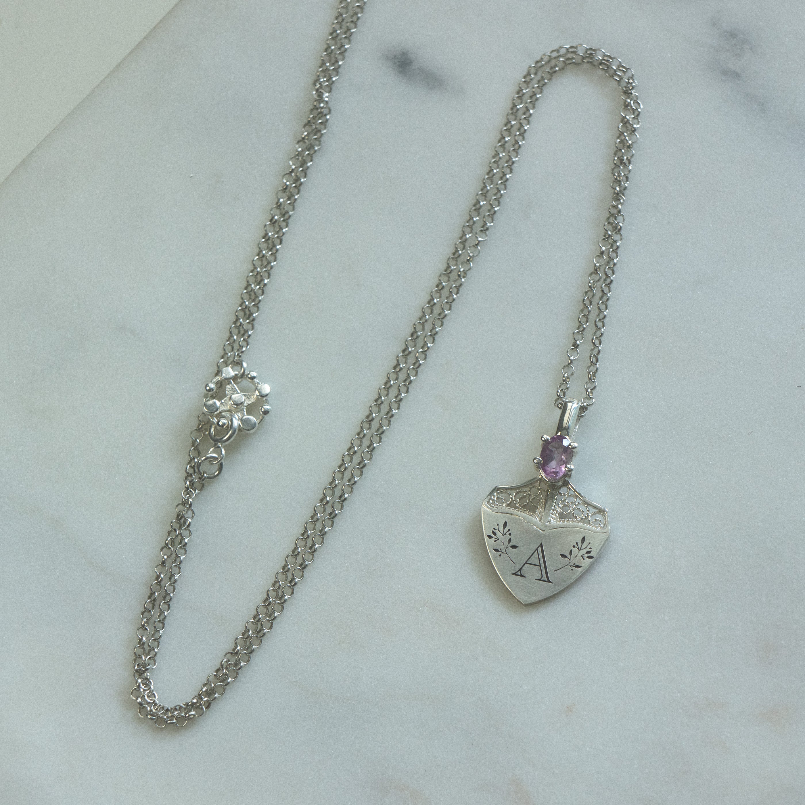 AMETHYST & SHIELD NECKLACE - PERSONALIZED WITH LETTERS