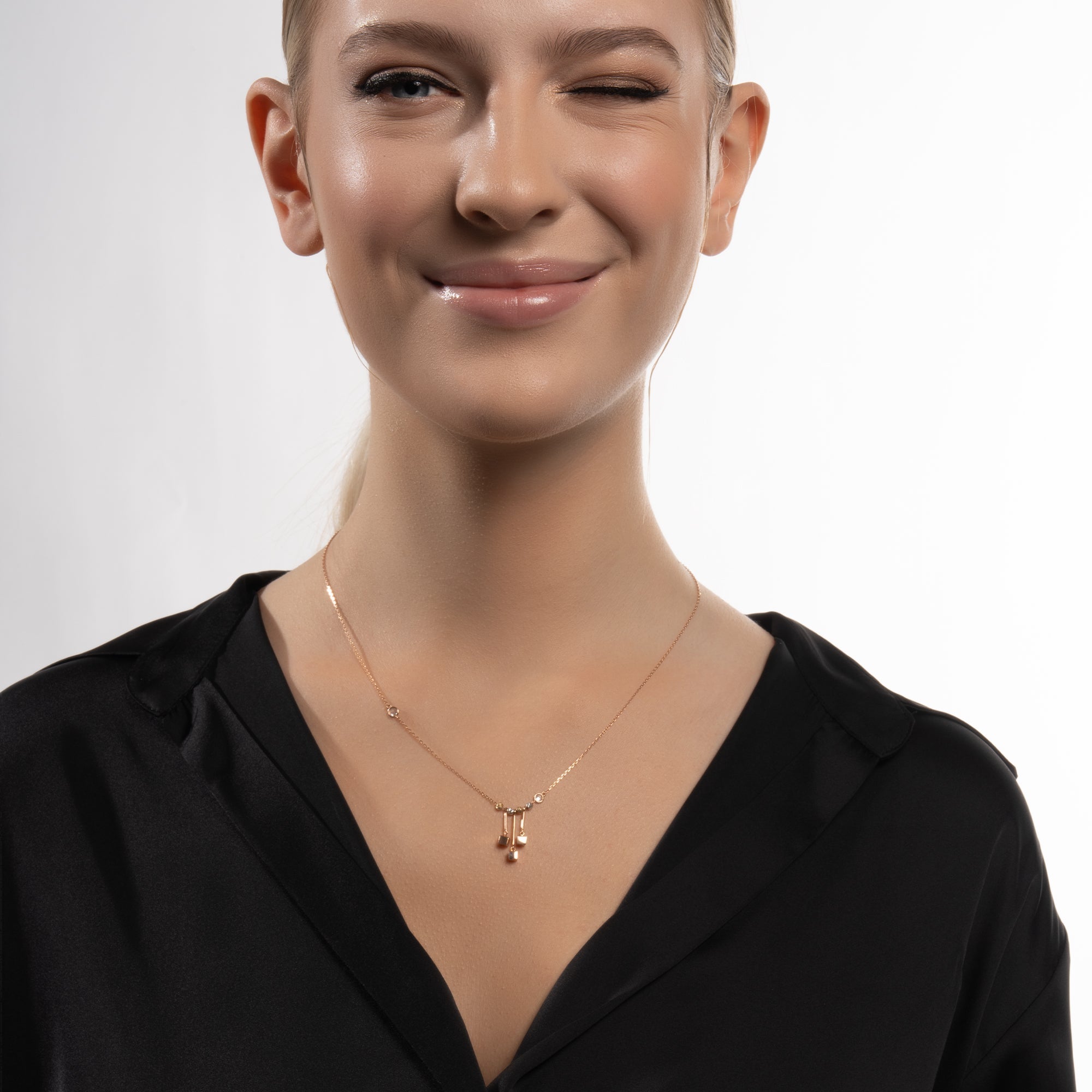 Gold Necklace with Three Cube Detailed Dorika Ball