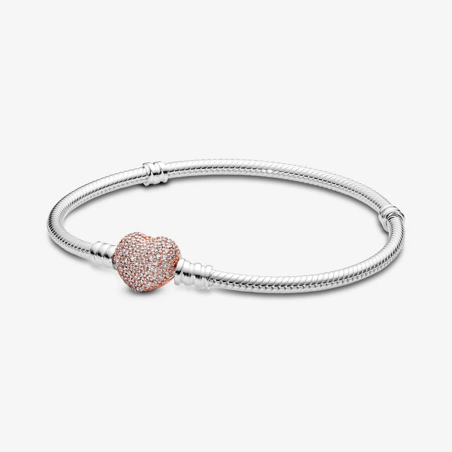 14K Rose Gold Plated Pavé Heart Clasp Bracelet