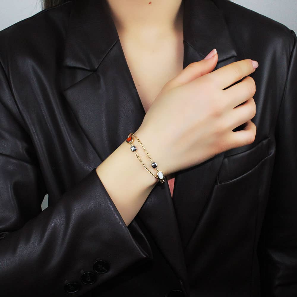 Three Color Gold Two Row Chain Bracelet with Colorful Stones
