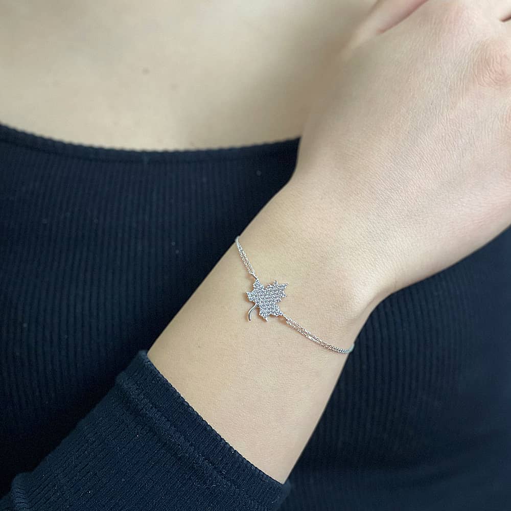 14K White Gold Sycamore Leaf Stone Bracelet