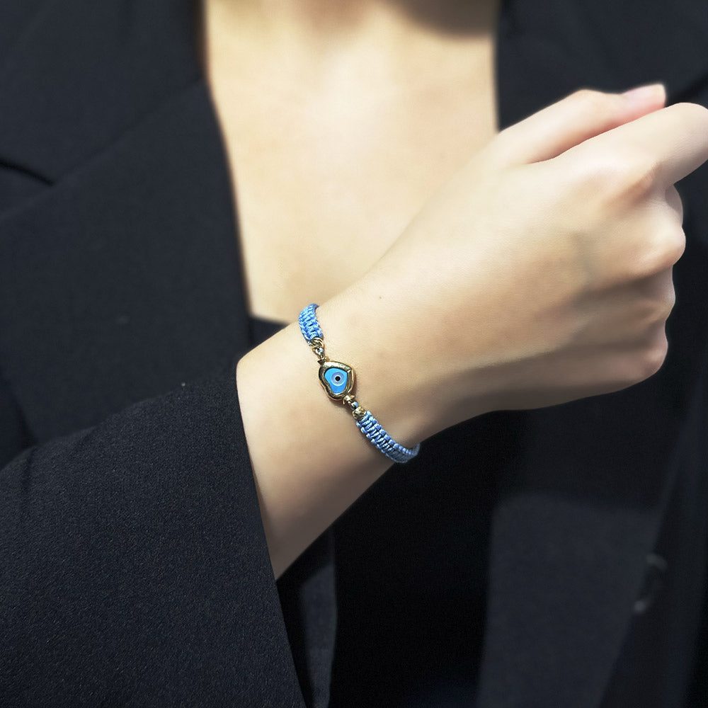 Blue Thread Bracelet with Gold Heart Charms