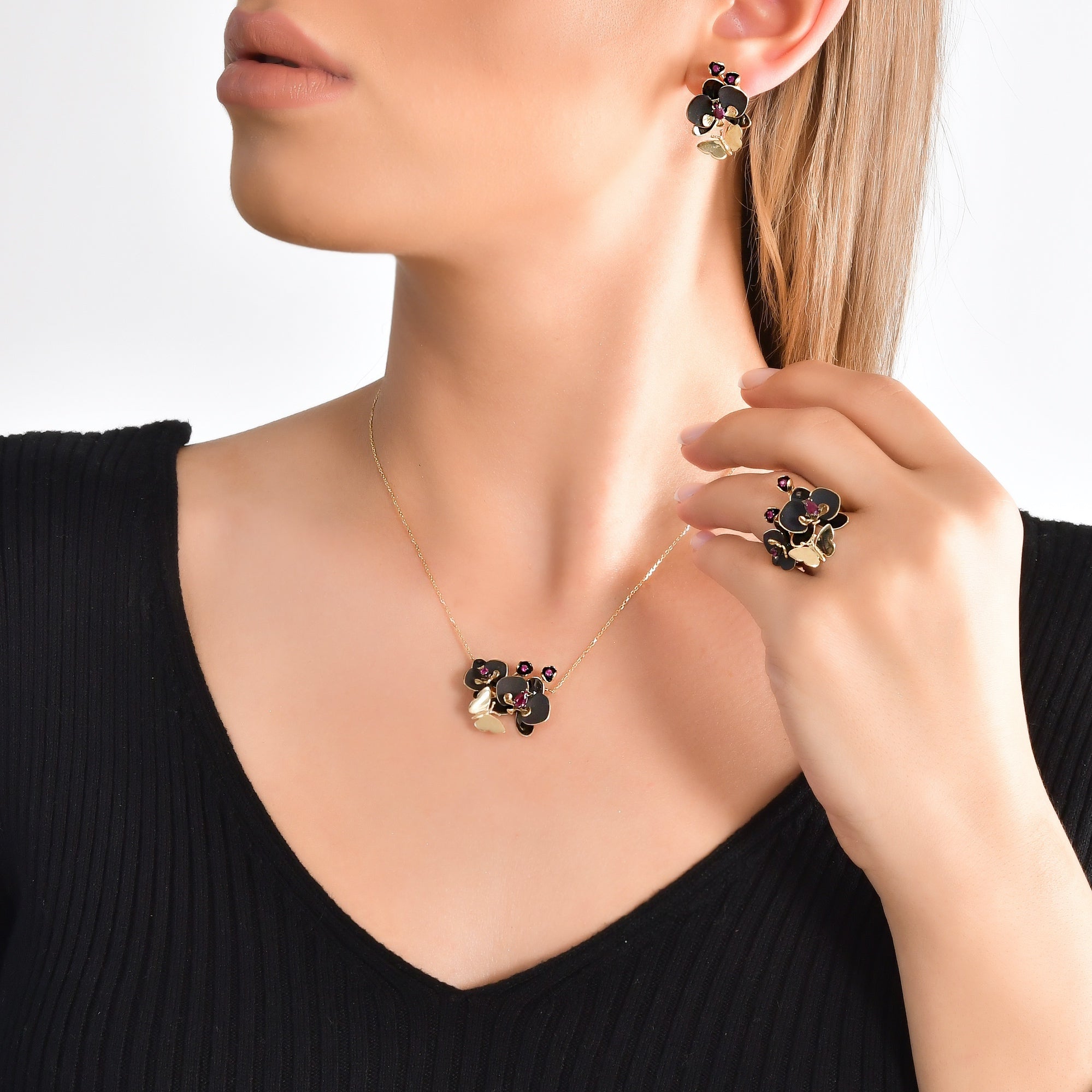 Black Orchid Ruby Stone Oxidized Necklace