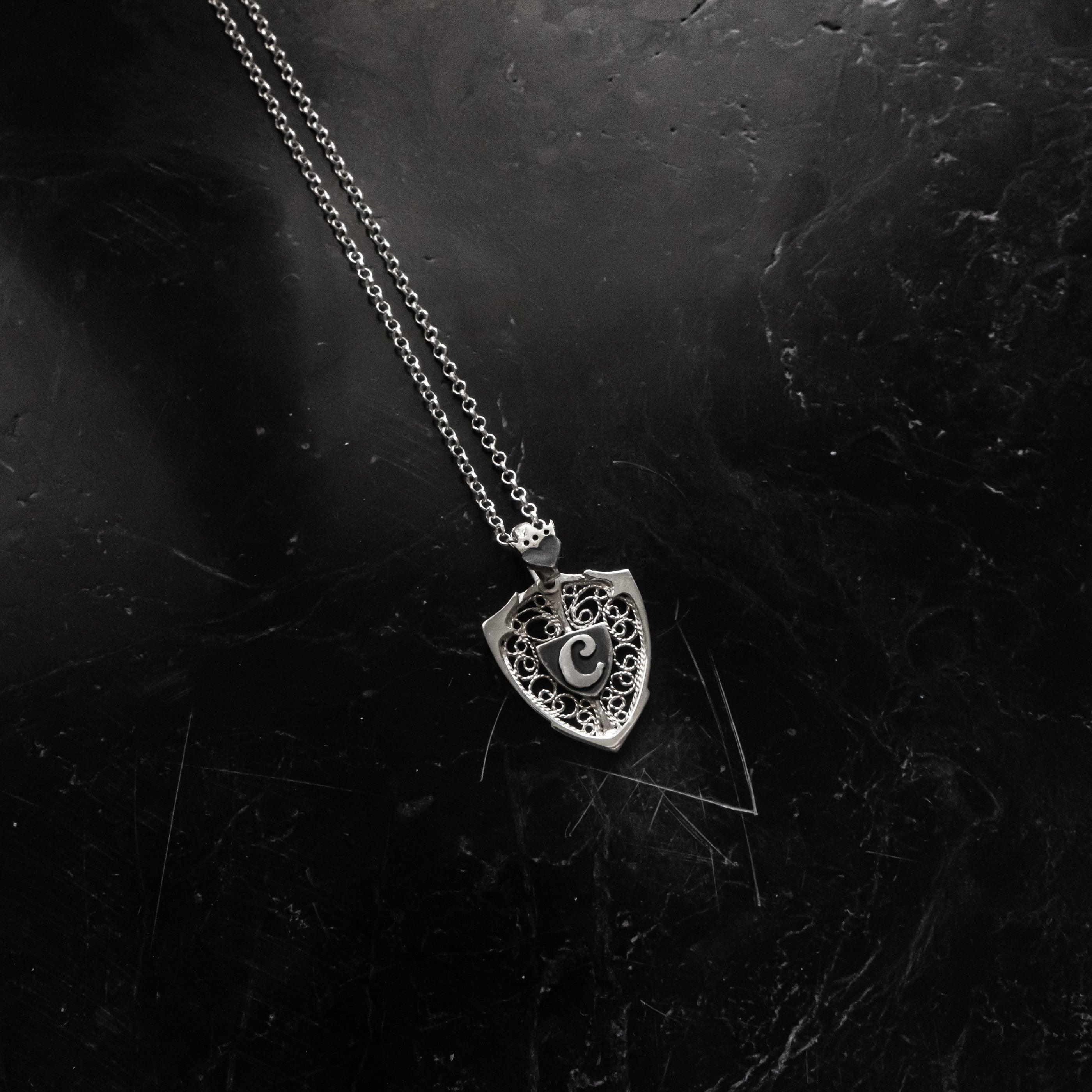 CROWNED HEART & SHIELD NECKLACE - PERSONALIZED WITH LETTER