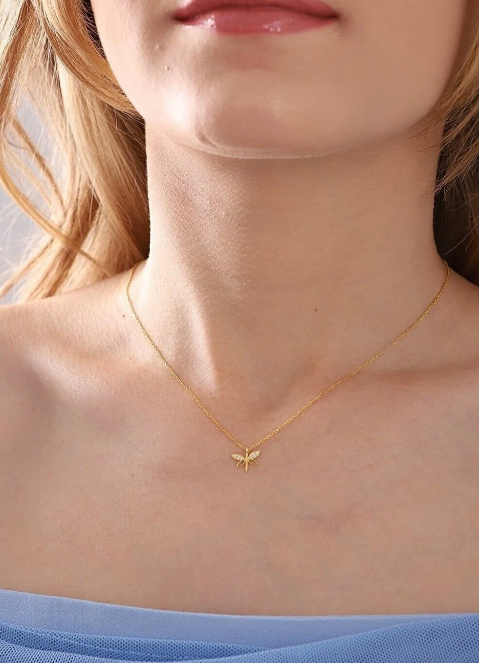 Gold Plated Minimal Dragonfly Model Necklace with 925 Sterling Silver Chain