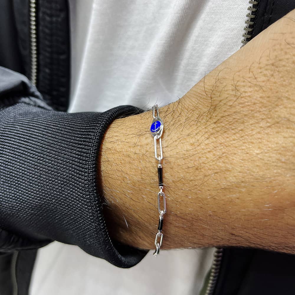 Special Design Enamel Anchor Detailed Men's Silver Bracelet