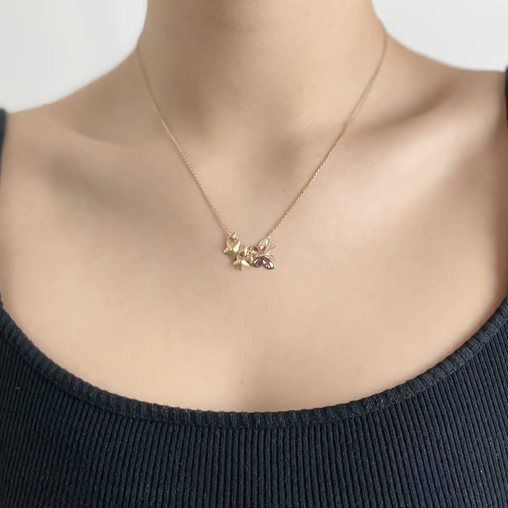 14K Yellow Gold Enameled Butterfly Necklace Without Stones