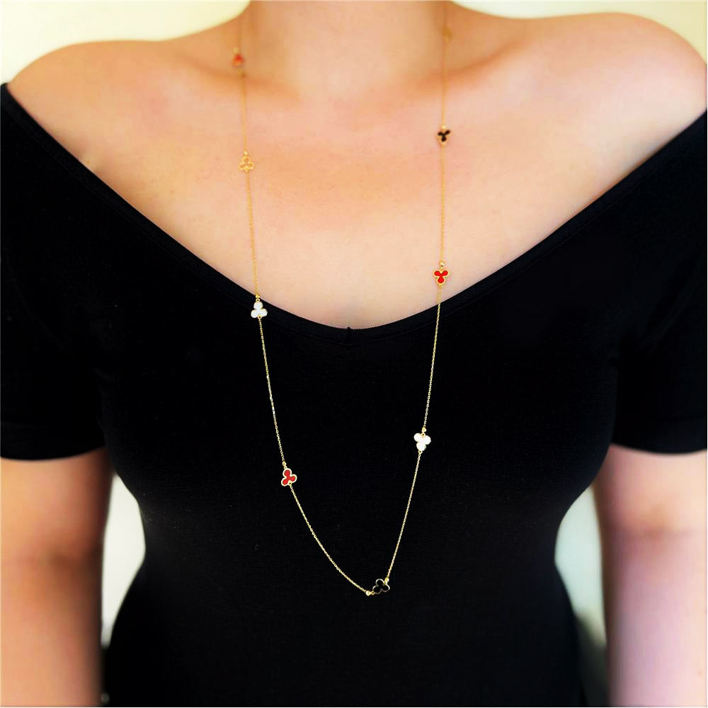 14 Carat Gold Clover Pattern Enamel Necklace