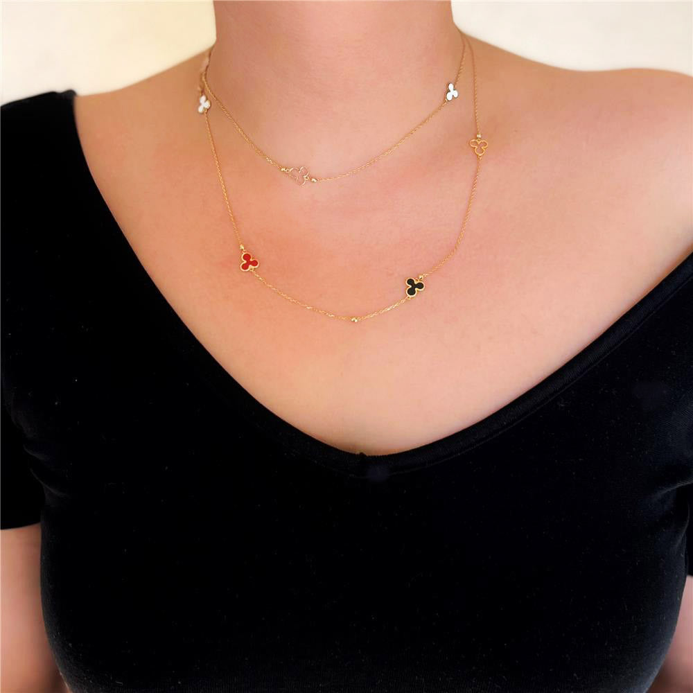 14 Carat Gold Clover Pattern Enamel Necklace