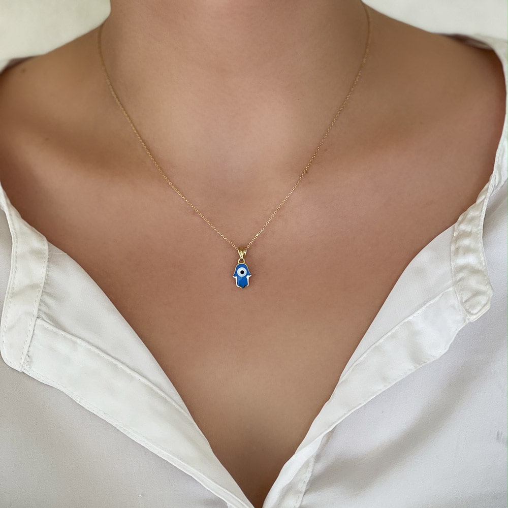 Enameled Eye Fatima Hand Necklace