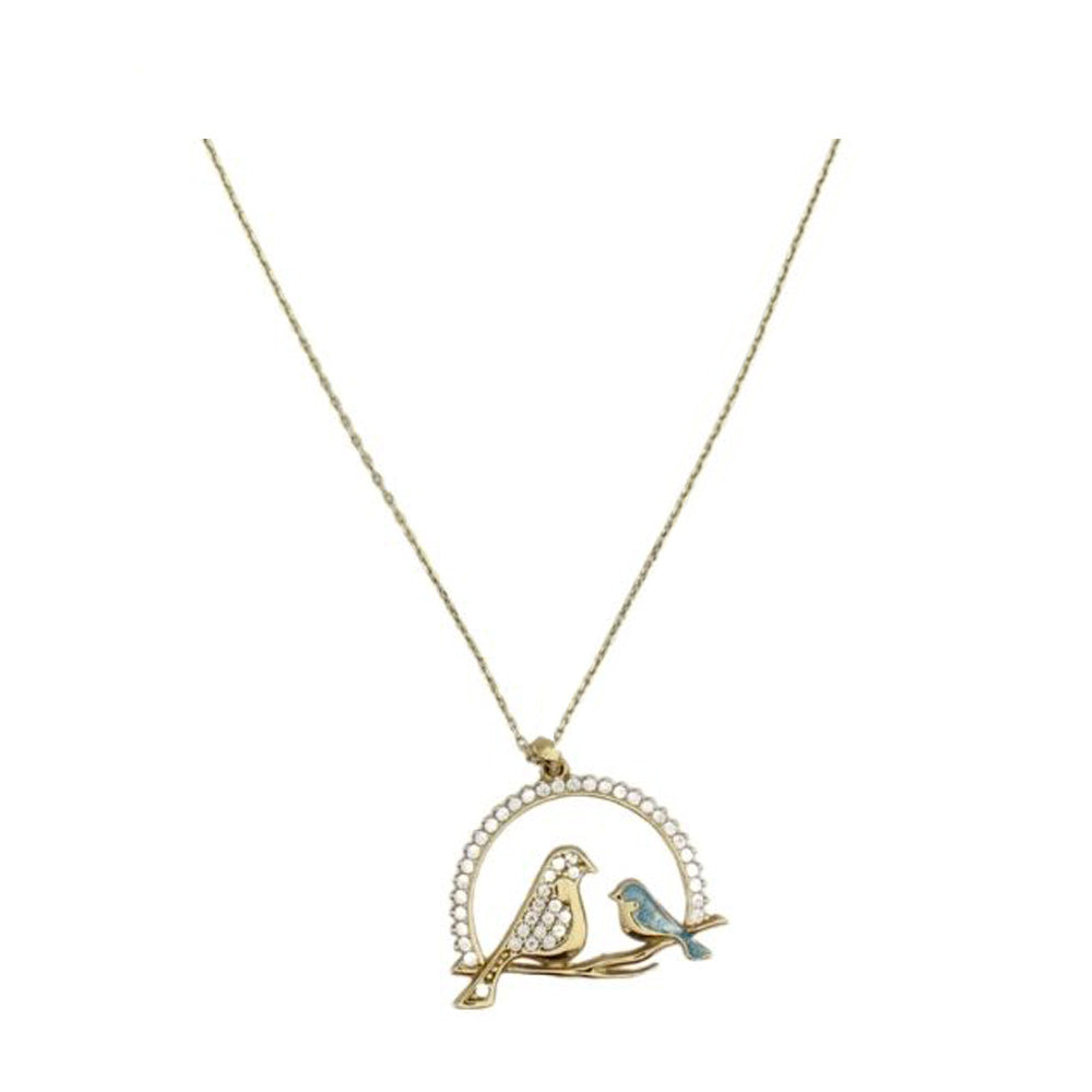 14 Carat Gold Stone Enameled Double Bird Necklace