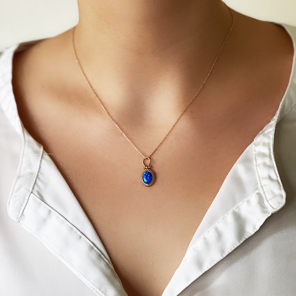 Dark Blue Opal Stone Necklace with Phosphorus Pieces