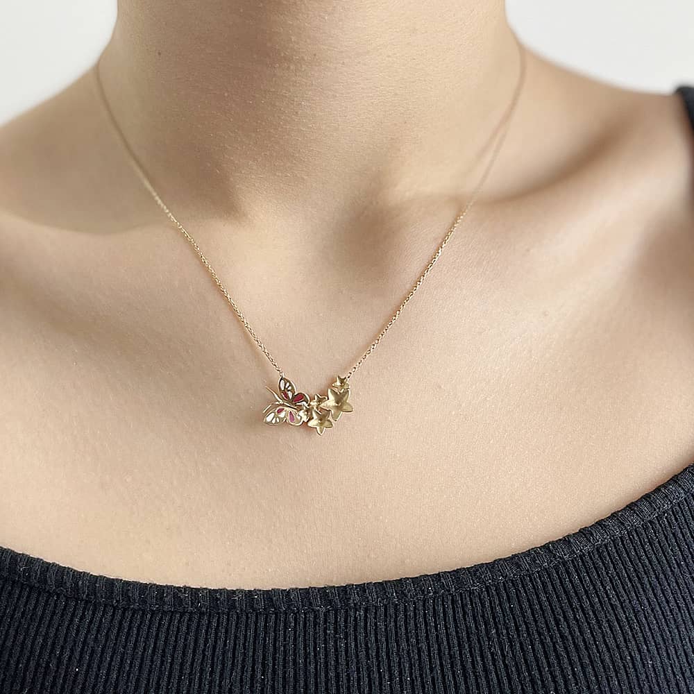 14K Yellow Gold Enameled Butterfly Necklace Without Stones