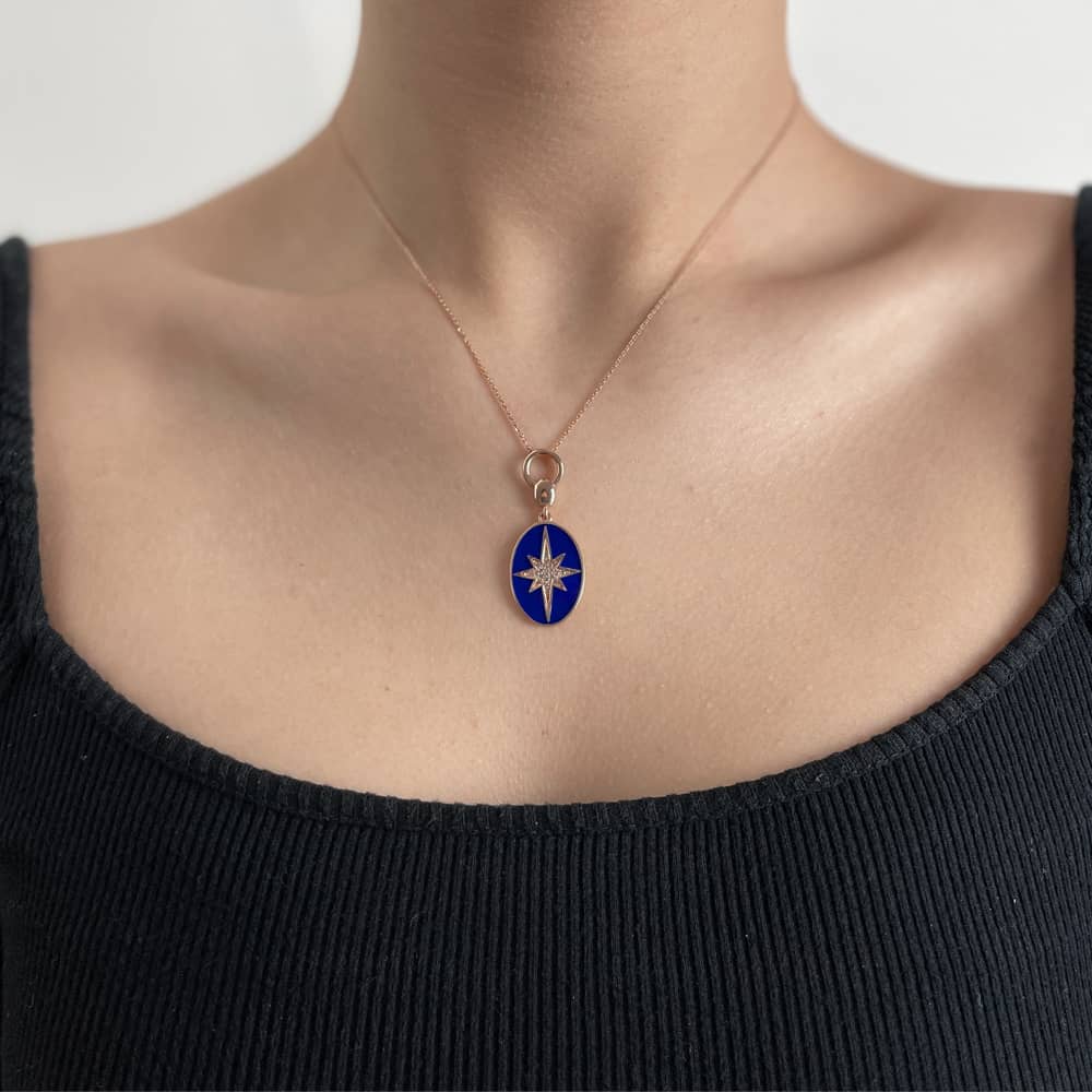 14K Gold North Star Navy Blue Enamel Necklace