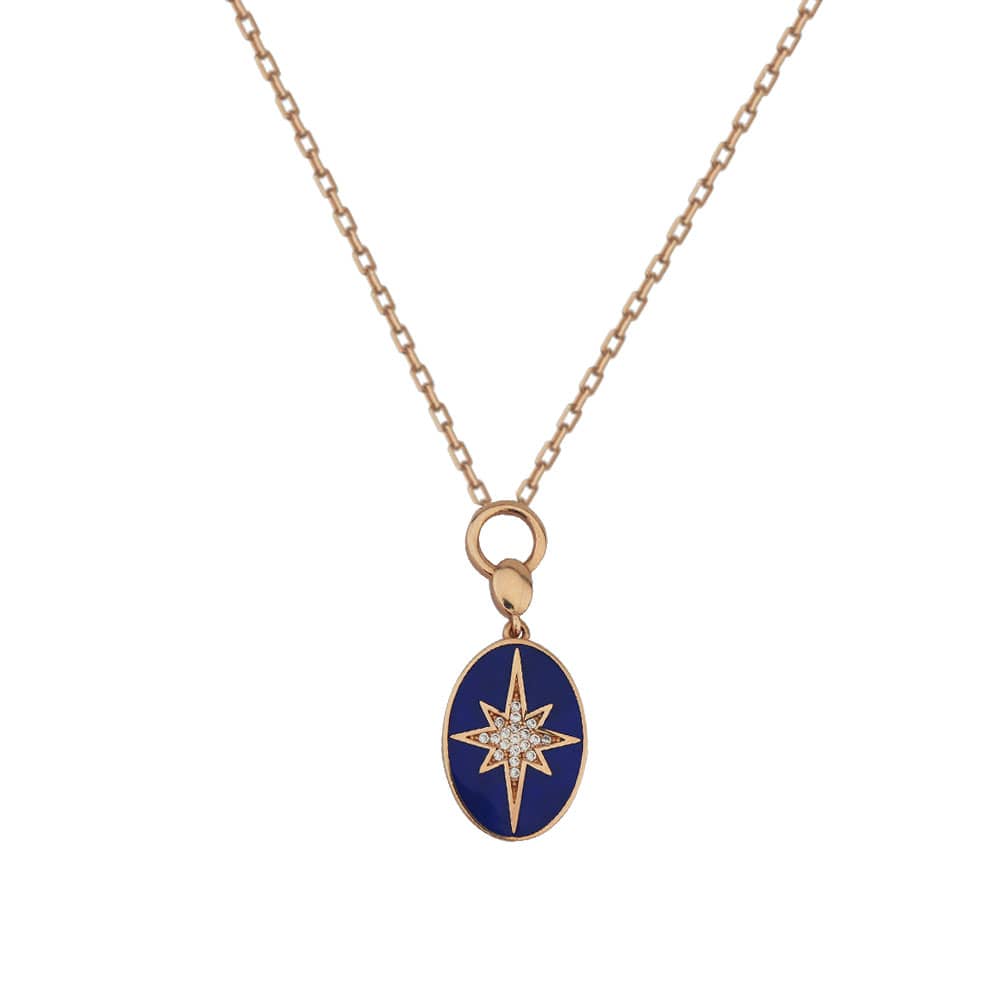14K Gold North Star Navy Blue Enamel Necklace