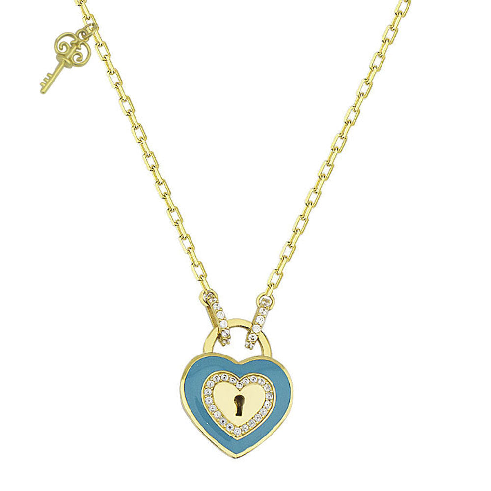 Enameled Key Detailed Lock Heart Necklace
