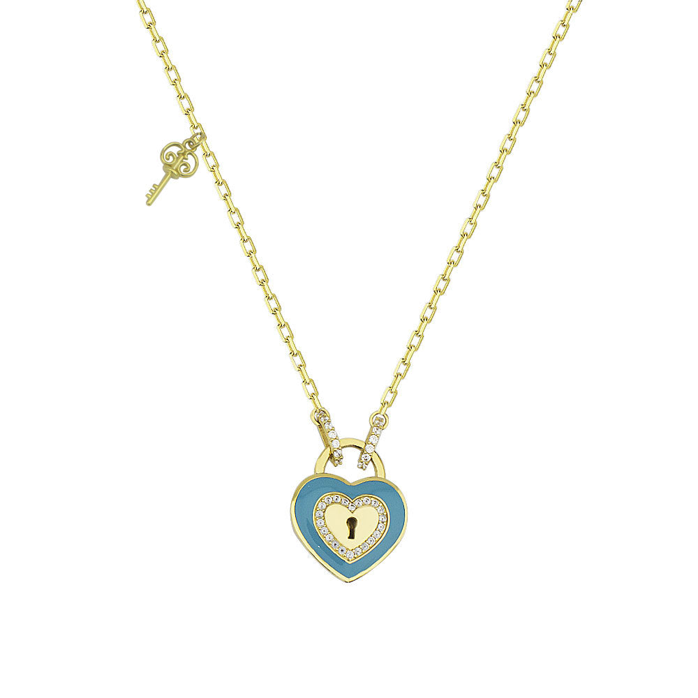 Enameled Key Detailed Lock Heart Necklace