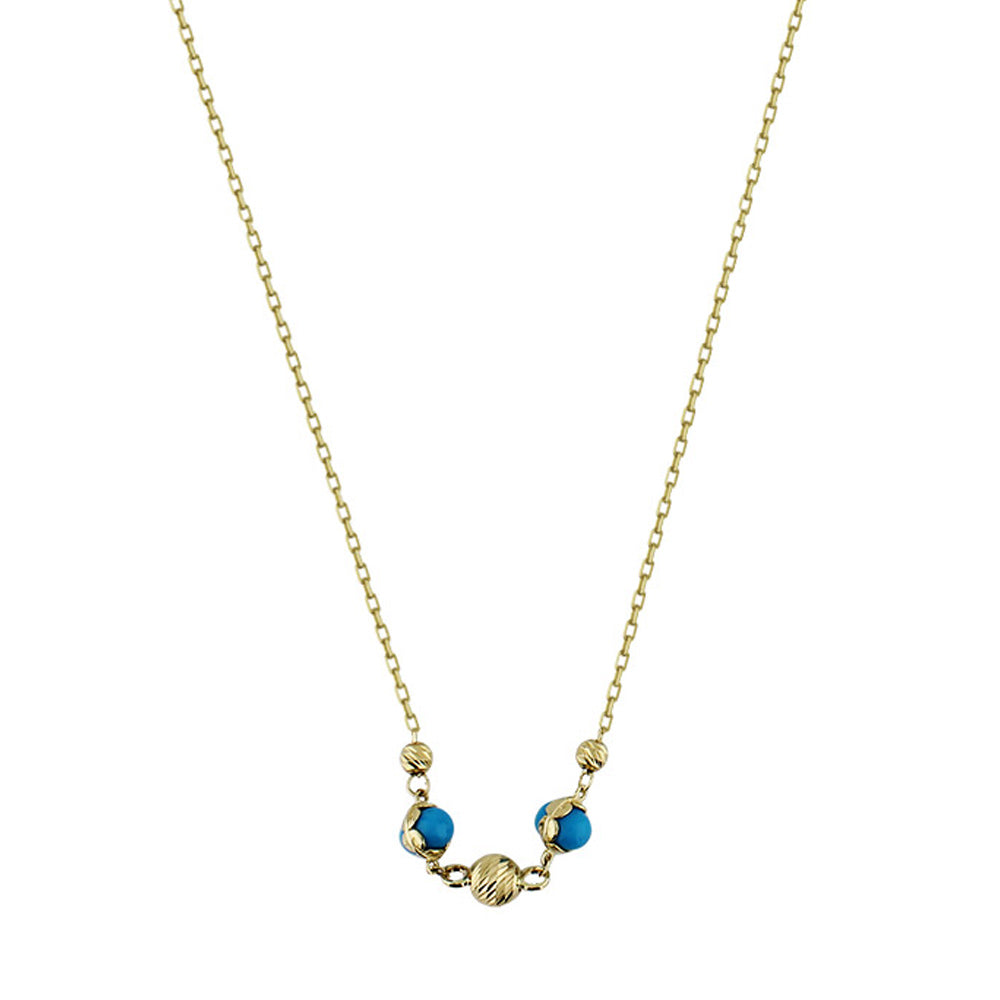 14K Yellow Gold Blue Turquoise Stone Dorika Ball Necklace