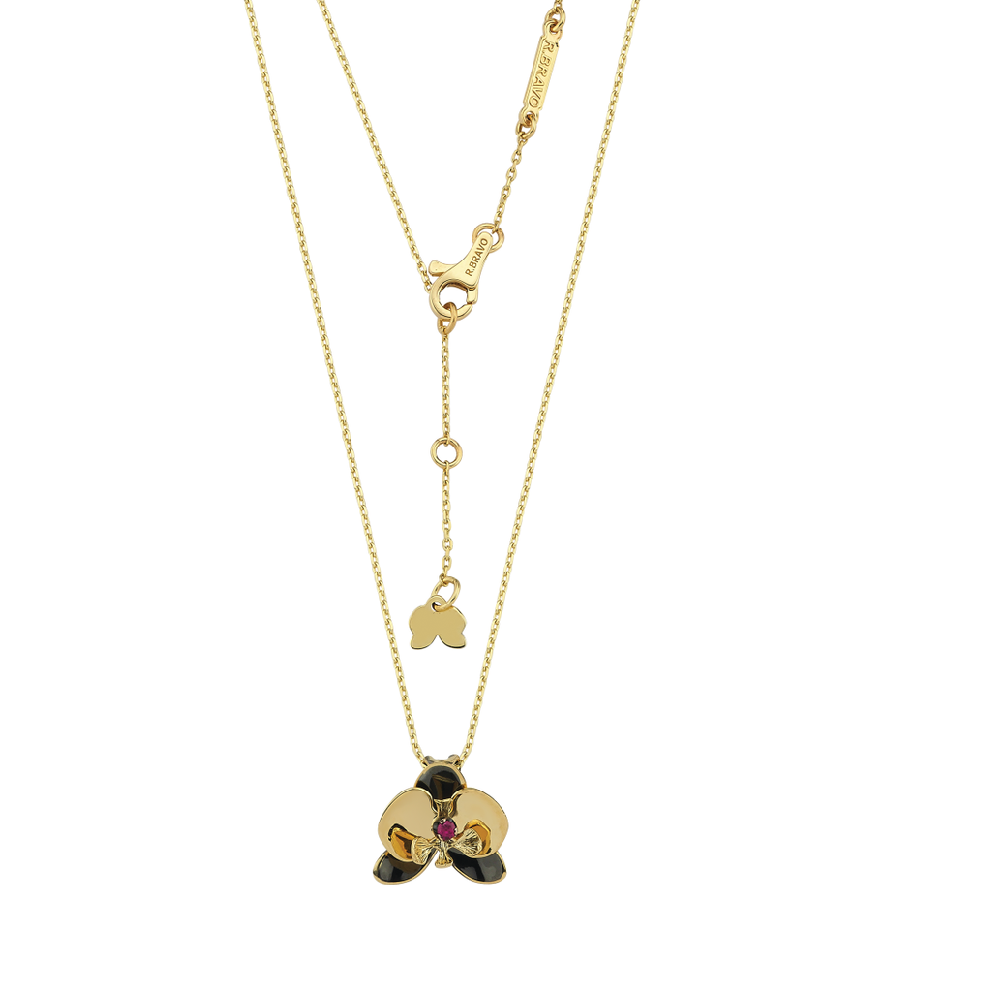Black Orchid Ruby Stone Enamel Necklace