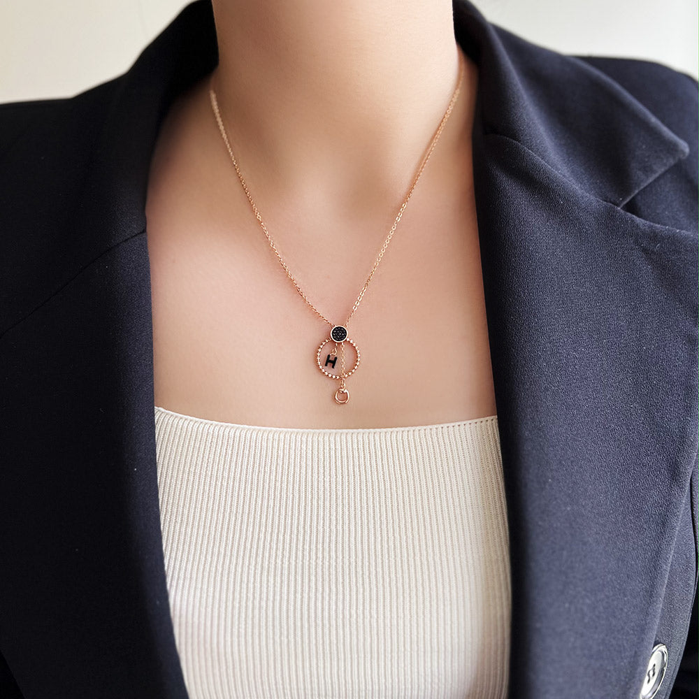 Black Stone Letter Pendant Round Necklace