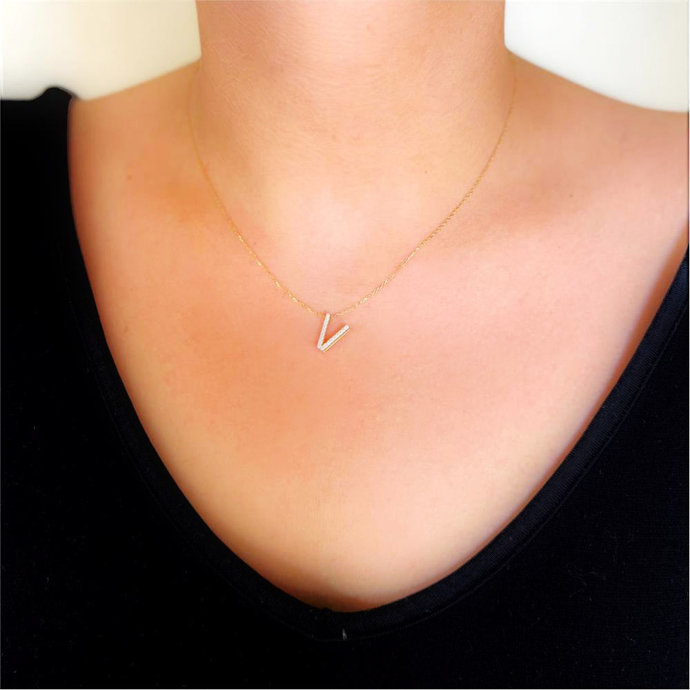 14 Carat Gold ''V'' Letter Stone Necklace