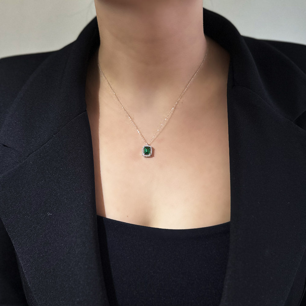 Green Baguette Stone White Gold Necklace