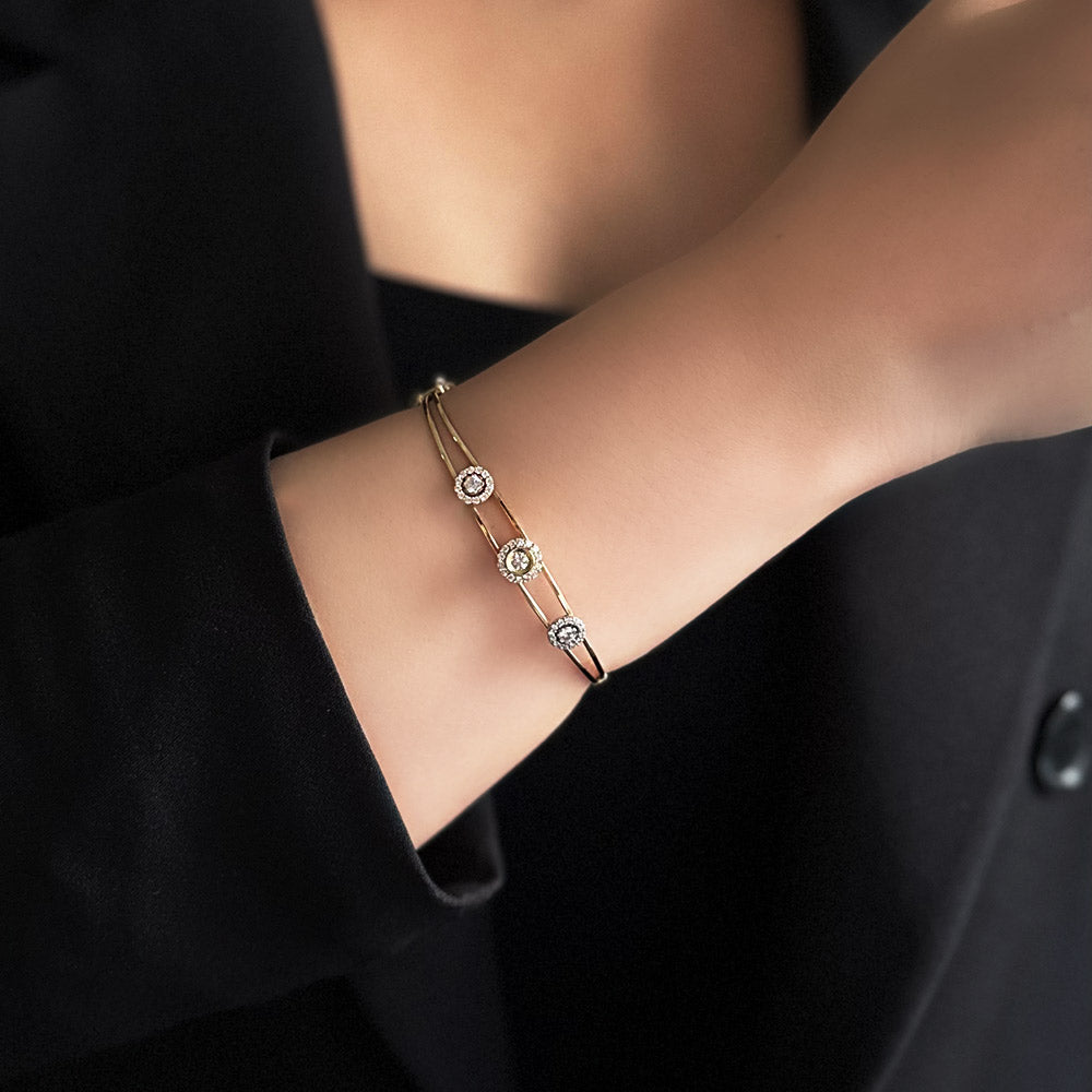 Three Color Round Stone Gold Bangle