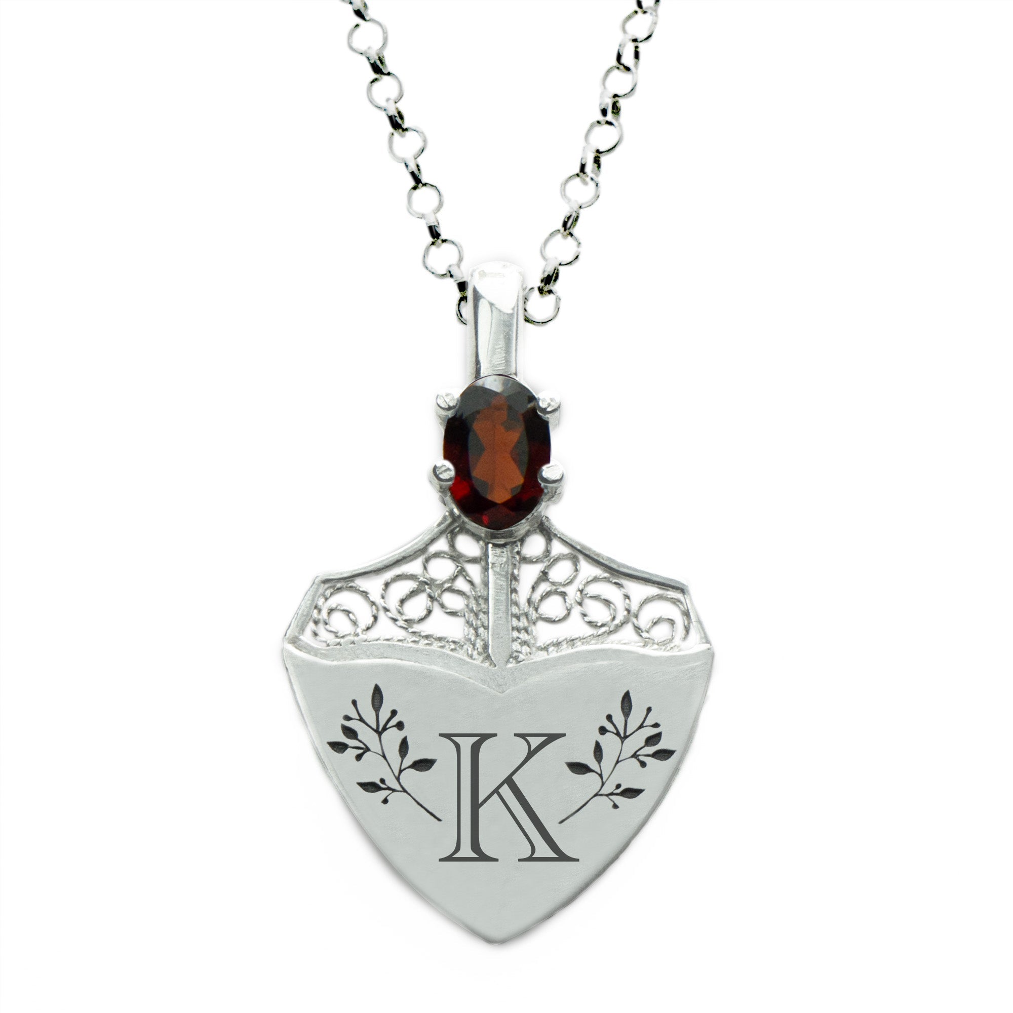 GARNET & SHIELD NECKLACE - PERSONALIZED WITH LETTERS