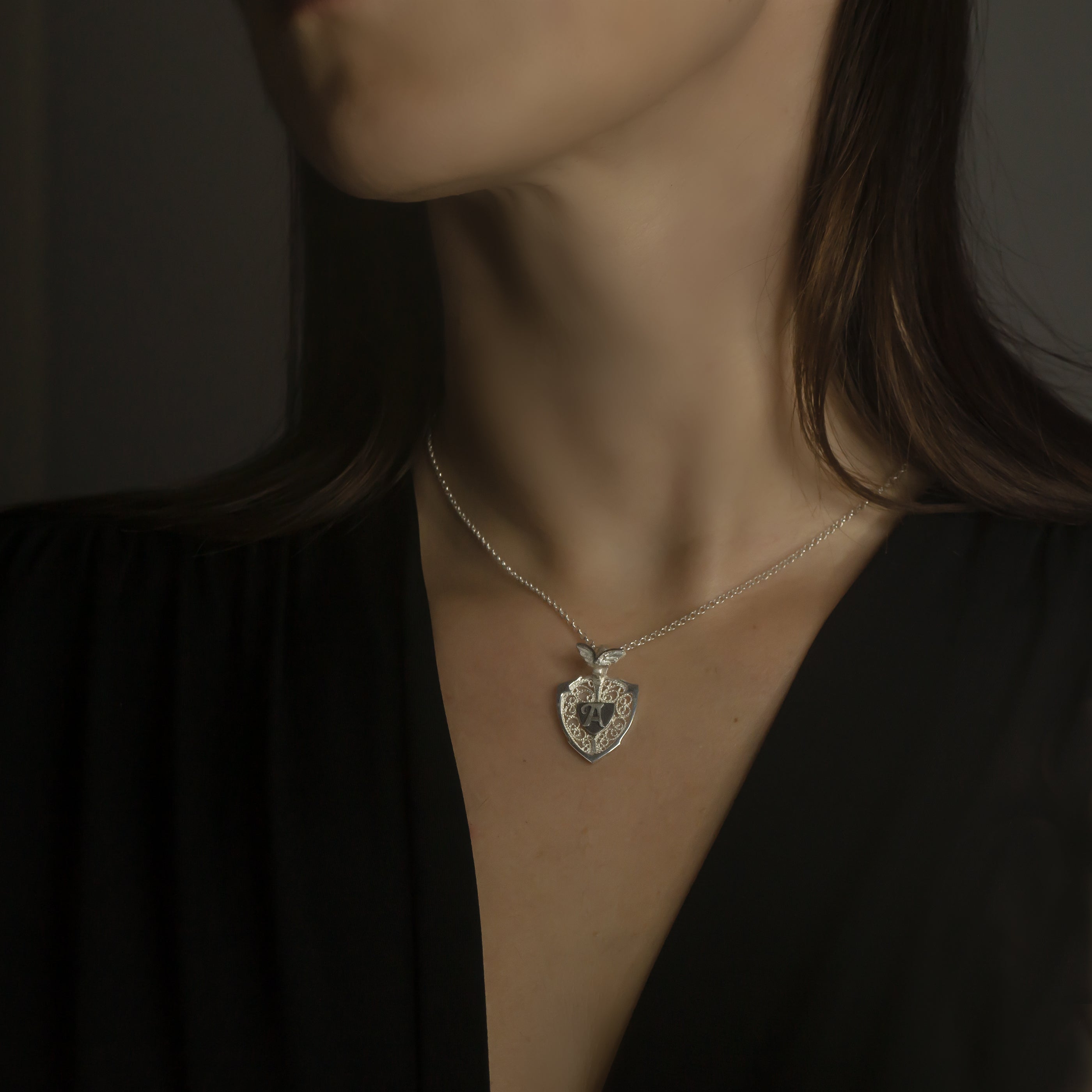ANGEL WING & SHIELD NECKLACE - PERSONALIZED WITH LETTER