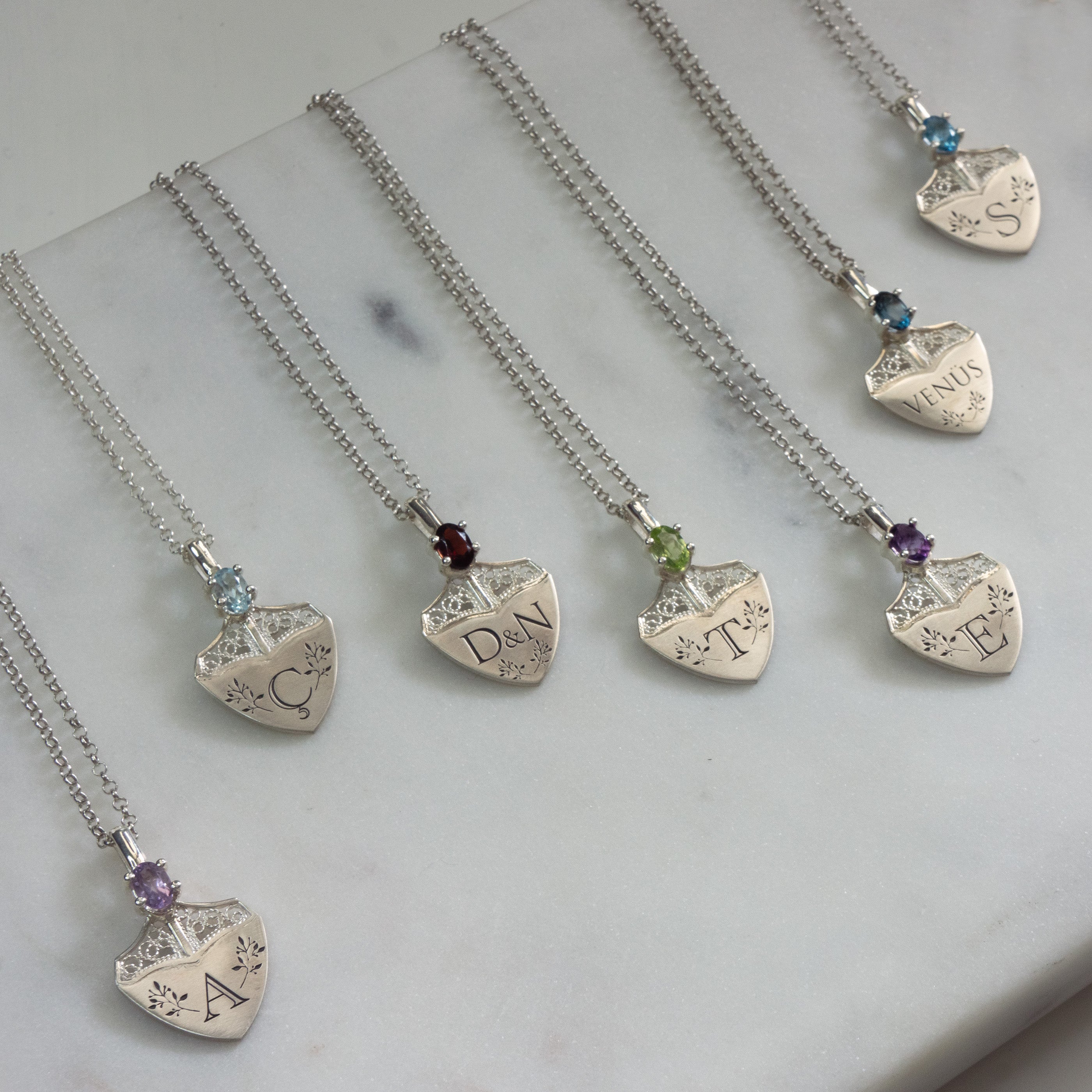 AMETHYST & SHIELD NECKLACE - PERSONALIZED WITH LETTERS