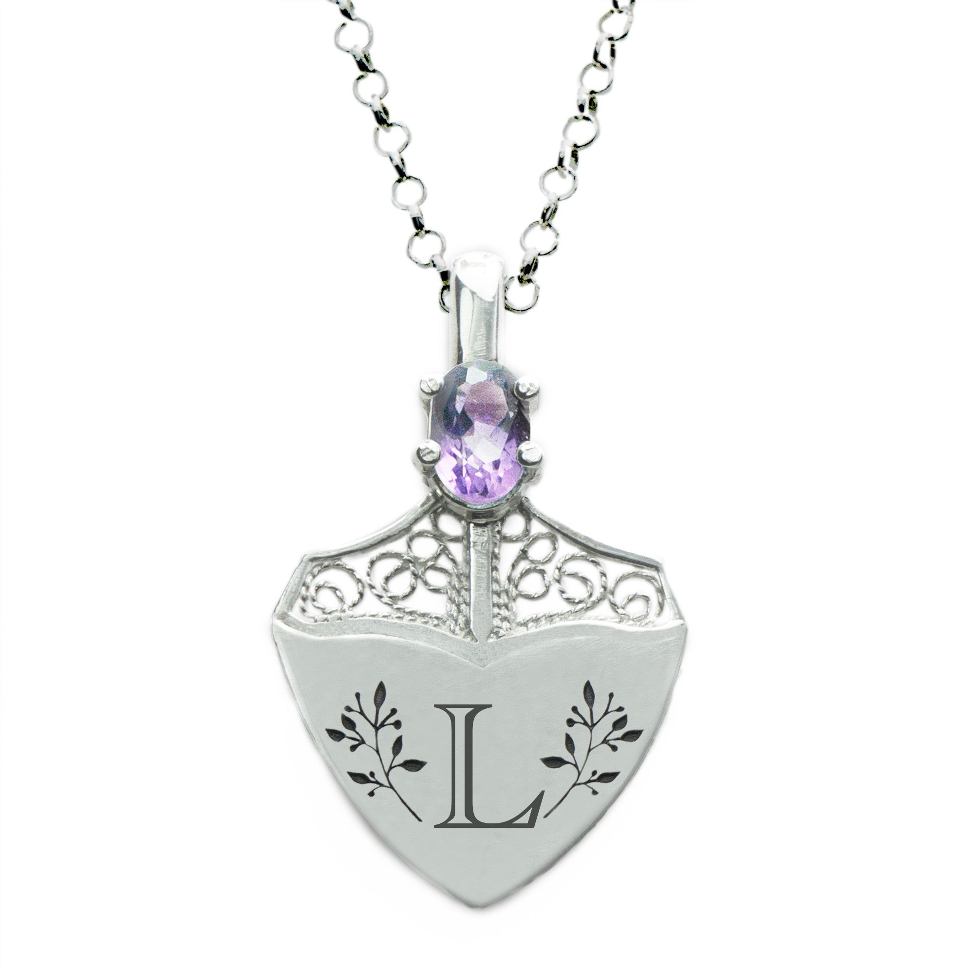 AMETHYST & SHIELD NECKLACE - PERSONALIZED WITH LETTERS