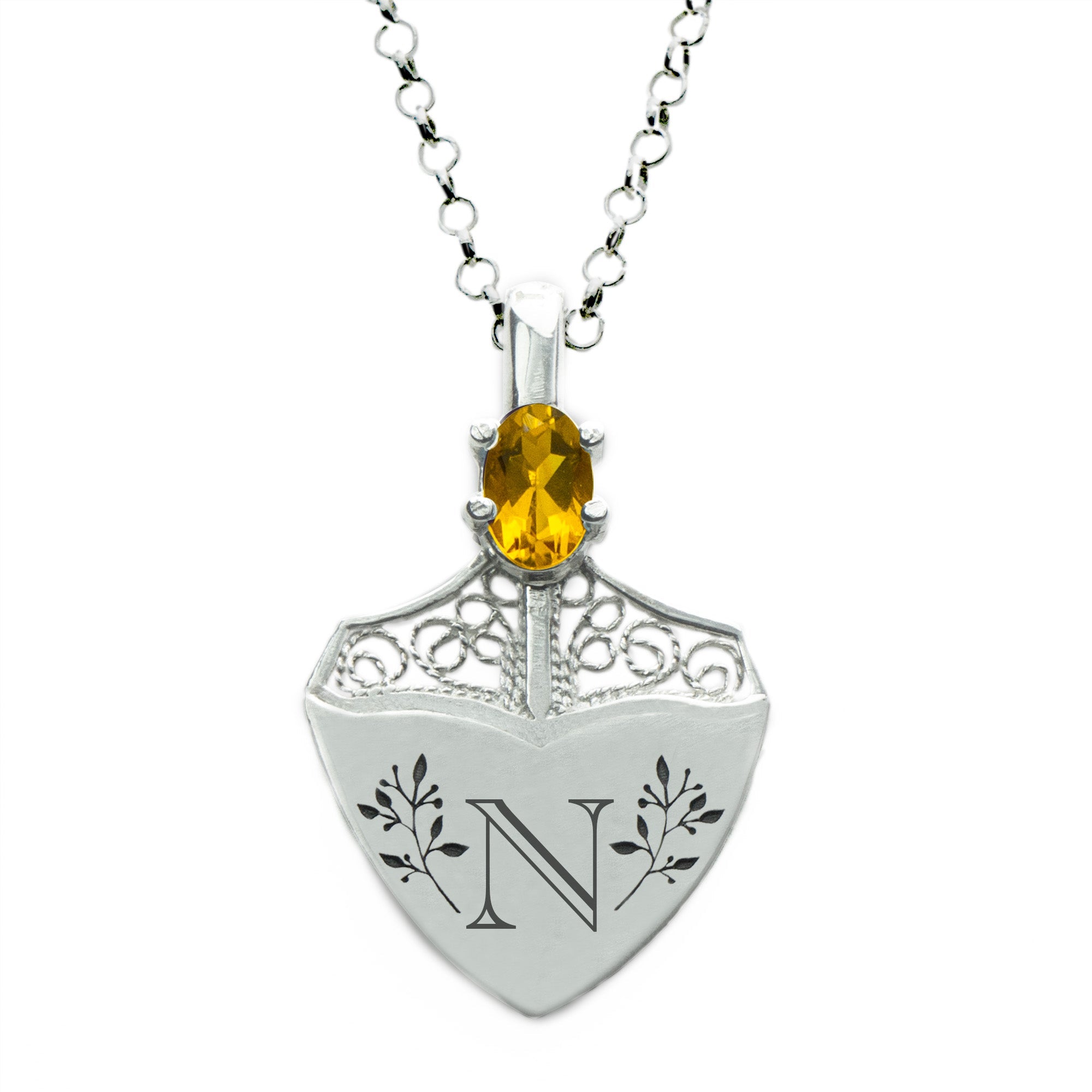 CITRINE & SHIELD NECKLACE - PERSONALIZED WITH LETTERS