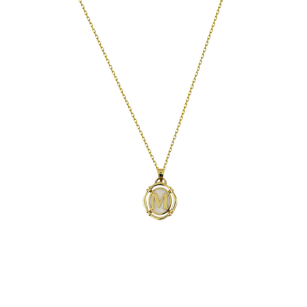 14K Yellow / Green Gold Letter M Necklace with Pearl