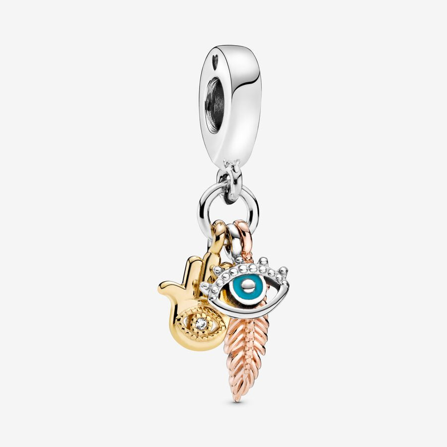 Hand of Fatima, All Seeing Eye and Spiritual Feather Dangle Charm