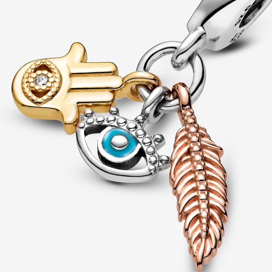 Hand of Fatima, All Seeing Eye and Spiritual Feather Dangle Charm