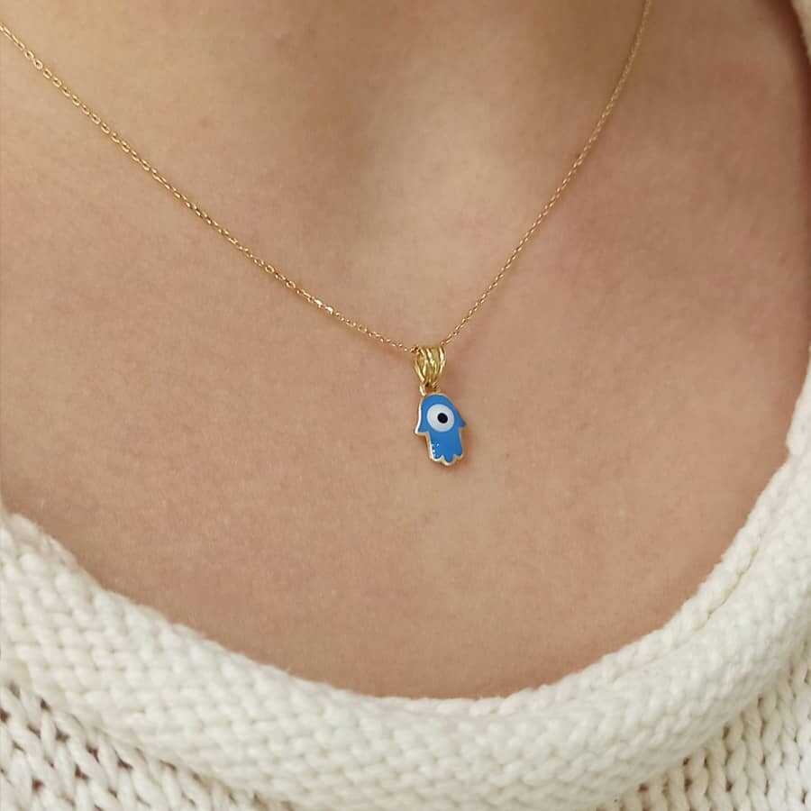 Enameled Eye Fatima Hand Necklace